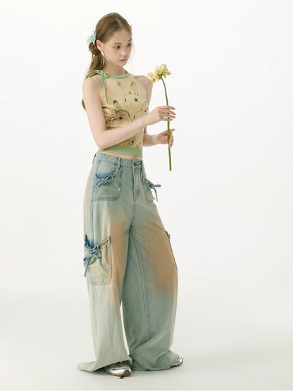 Washed Bow Pocket High Waist Wide-Leg Denim Pants【s0000017069】