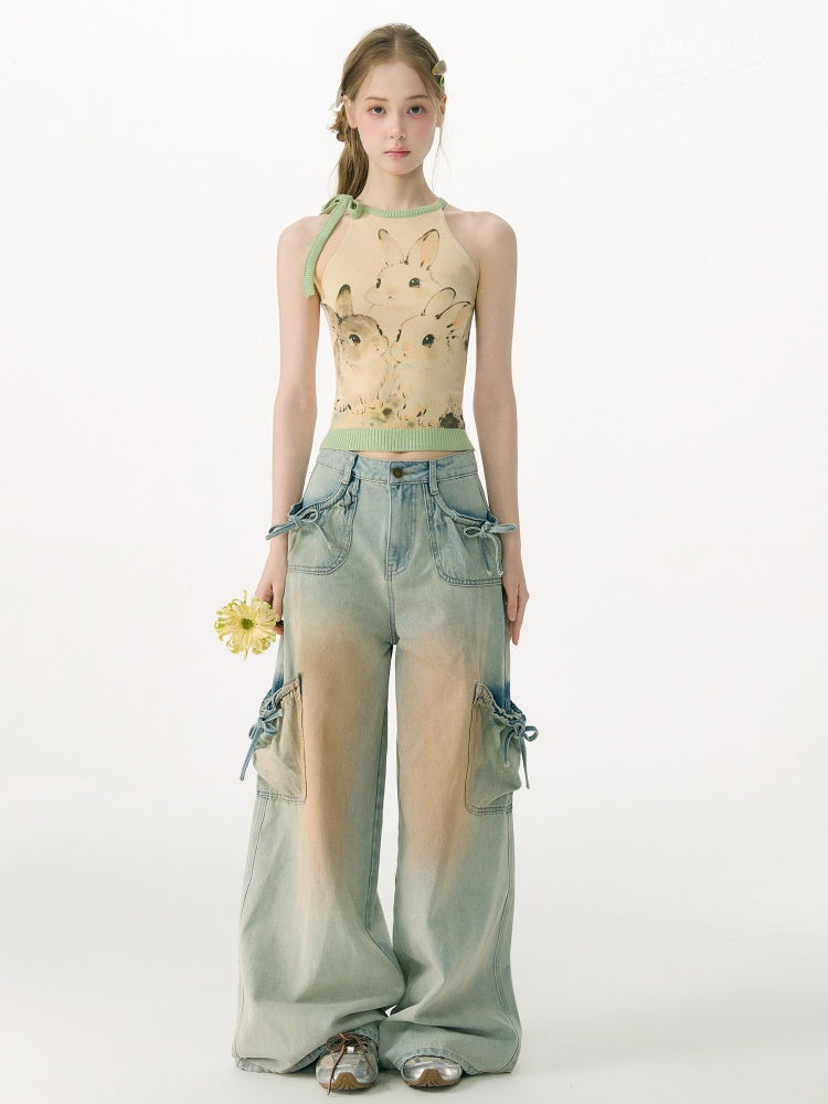Washed Bow Pocket High Waist Wide-Leg Denim Pants【s0000017069】