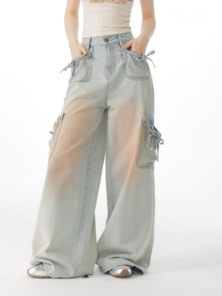 Washed Bow Pocket High Waist Wide-Leg Denim Pants【s0000017069】