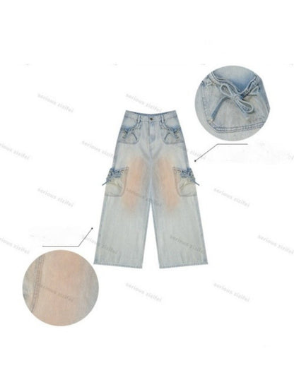 Washed Bow Pocket High Waist Wide-Leg Denim Pants【s0000017069】