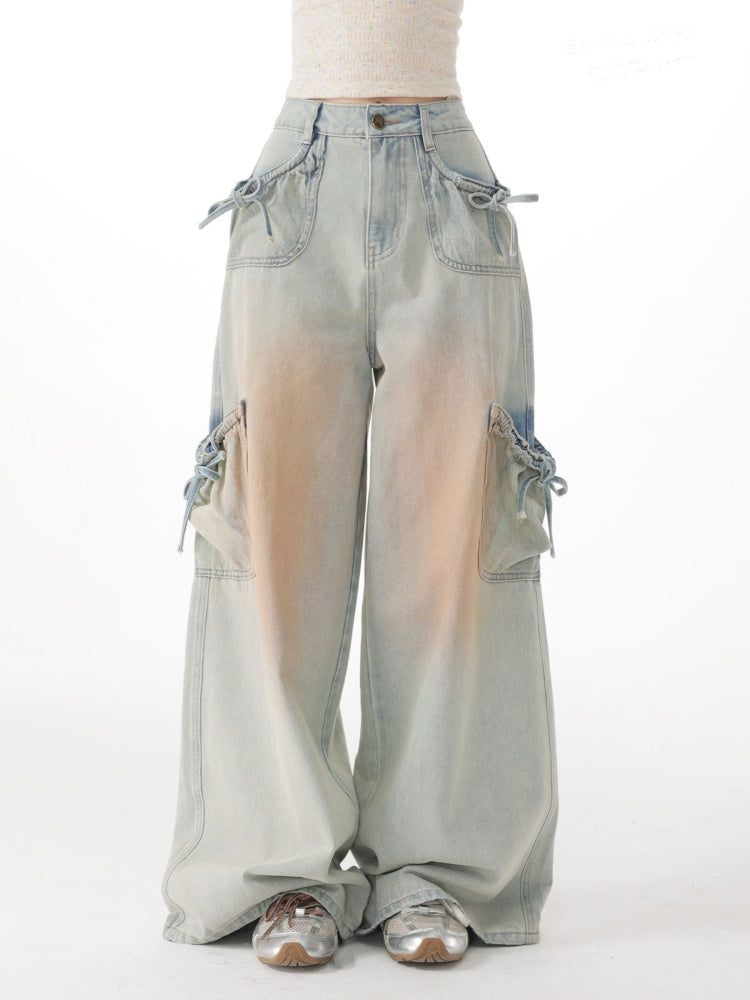 Washed Bow Pocket High Waist Wide-Leg Denim Pants【s0000017069】