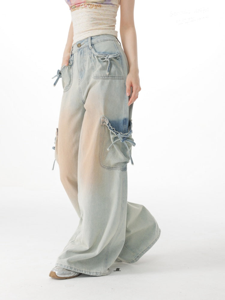 Washed Bow Pocket High Waist Wide-Leg Denim Pants【s0000017069】