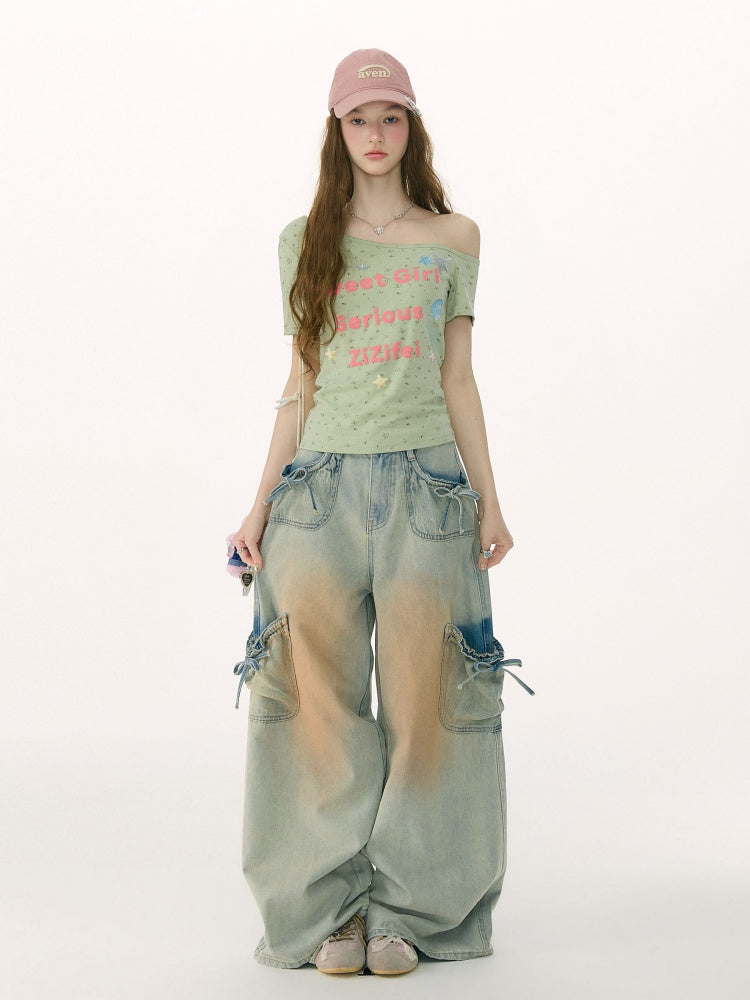 Washed Bow Pocket High Waist Wide-Leg Denim Pants【s0000017069】
