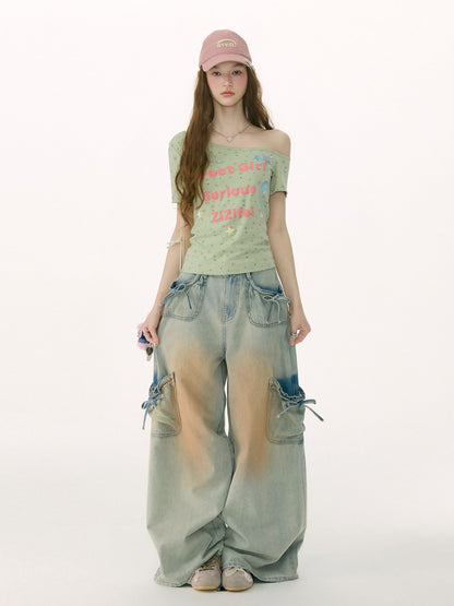 Washed Bow Pocket High Waist Wide-Leg Denim Pants【s0000017069】