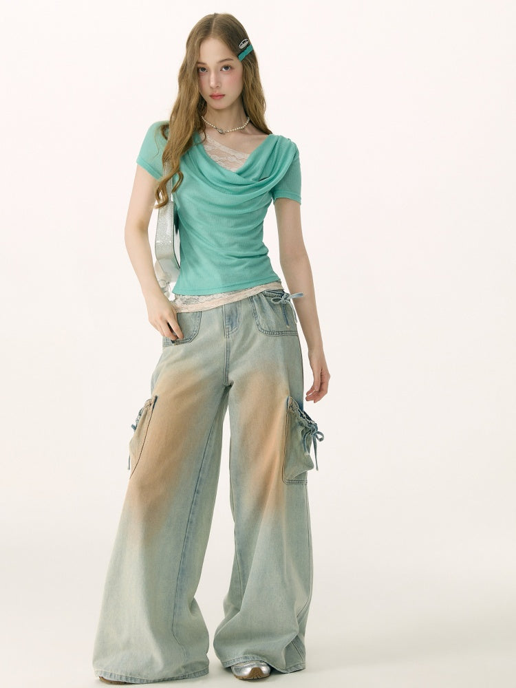 Washed Bow Pocket High Waist Wide-Leg Denim Pants【s0000017069】