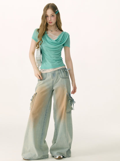 Washed Bow Pocket High Waist Wide-Leg Denim Pants【s0000017069】