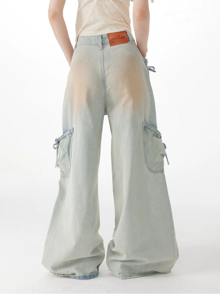 Washed Bow Pocket High Waist Wide-Leg Denim Pants【s0000017069】