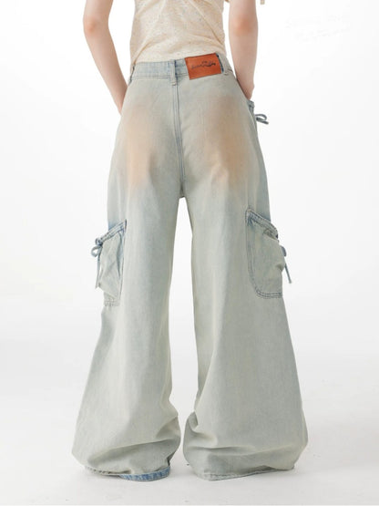 Washed Bow Pocket High Waist Wide-Leg Denim Pants【s0000017069】