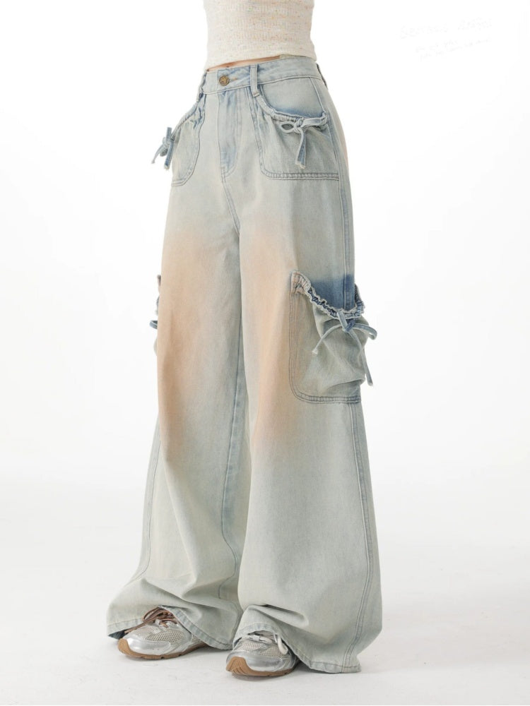 Washed Bow Pocket High Waist Wide-Leg Denim Pants【s0000017069】