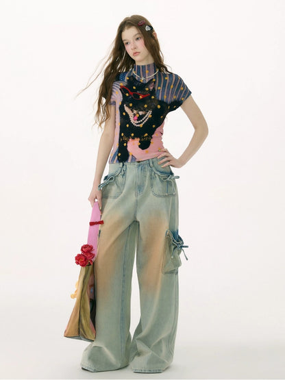 Washed Bow Pocket High Waist Wide-Leg Denim Pants【s0000017069】