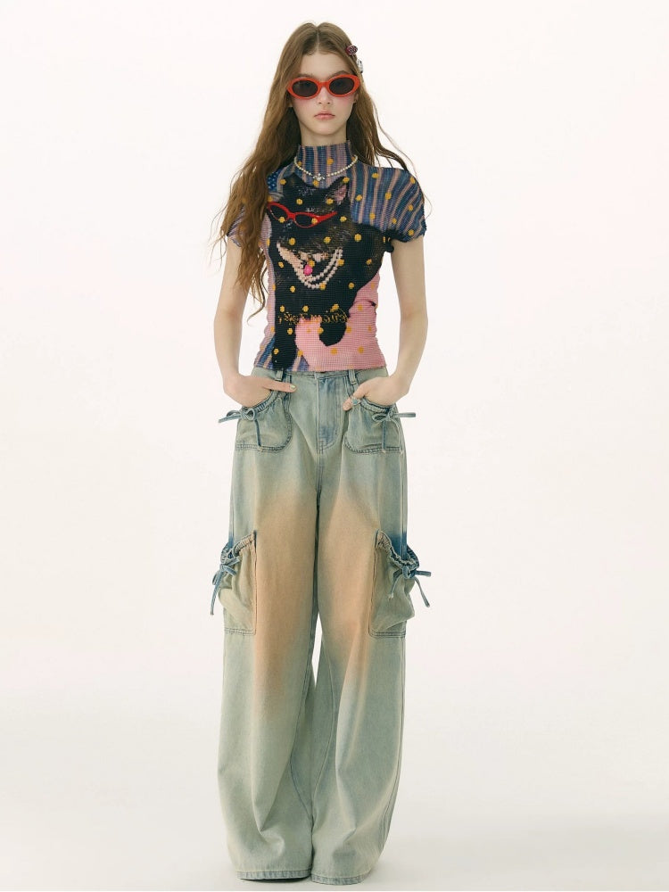 Washed Bow Pocket High Waist Wide-Leg Denim Pants【s0000017069】