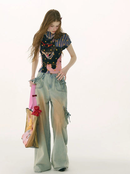Washed Bow Pocket High Waist Wide-Leg Denim Pants【s0000017069】
