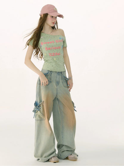 Washed Bow Pocket High Waist Wide-Leg Denim Pants【s0000017069】