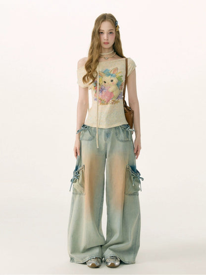 Washed Bow Pocket High Waist Wide-Leg Denim Pants【s0000017069】