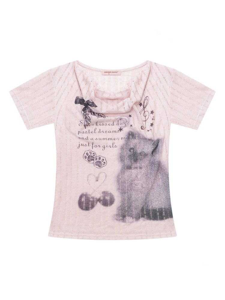 Cat Cherry Blossom Print Swing Collar Slim Peach Pink Short Sleeve T-Shirt【s0000017070】
