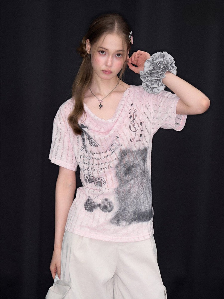 Cat Cherry Blossom Print Swing Collar Slim Peach Pink Short Sleeve T-Shirt【s0000017070】