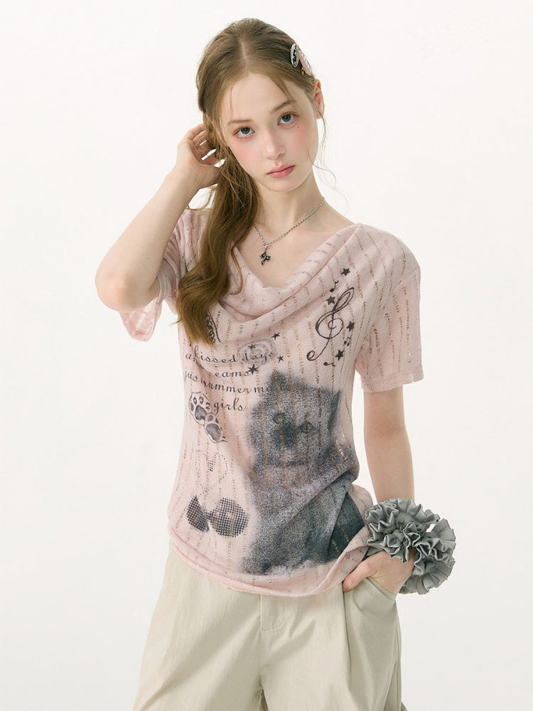 Cat Cherry Blossom Print Swing Collar Slim Peach Pink Short Sleeve T-Shirt【s0000017070】