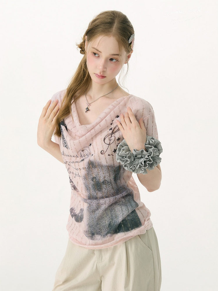 Cat Cherry Blossom Print Swing Collar Slim Peach Pink Short Sleeve T-Shirt【s0000017070】
