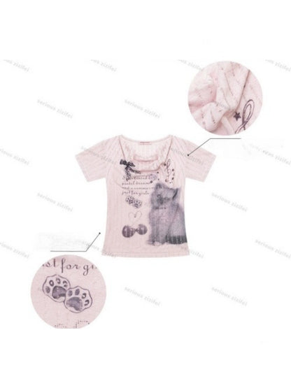 Cat Cherry Blossom Print Swing Collar Slim Peach Pink Short Sleeve T-Shirt【s0000017070】