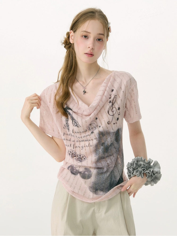 Cat Cherry Blossom Print Swing Collar Slim Peach Pink Short Sleeve T-Shirt【s0000017070】