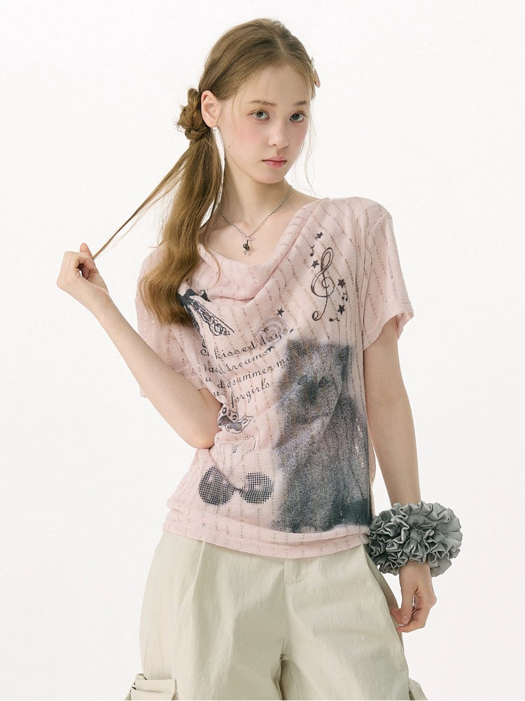 Cat Cherry Blossom Print Swing Collar Slim Peach Pink Short Sleeve T-Shirt【s0000017070】