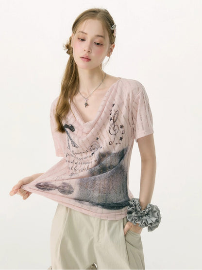 Cat Cherry Blossom Print Swing Collar Slim Peach Pink Short Sleeve T-Shirt【s0000017070】