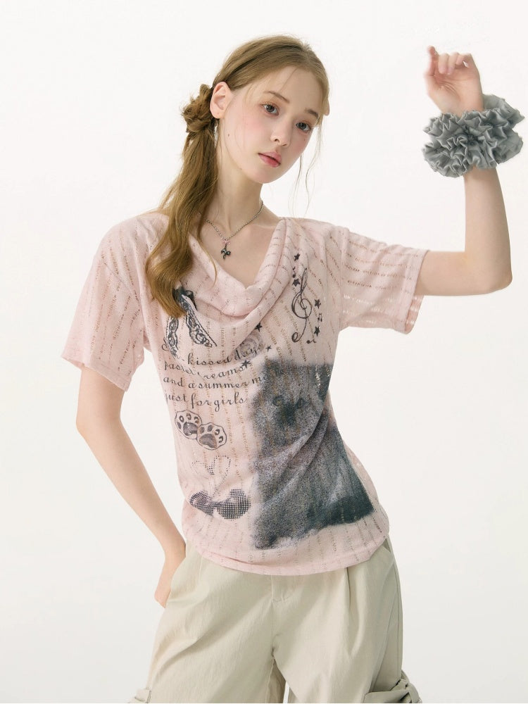 Cat Cherry Blossom Print Swing Collar Slim Peach Pink Short Sleeve T-Shirt【s0000017070】