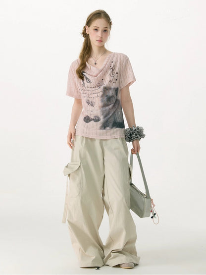 Cat Cherry Blossom Print Swing Collar Slim Peach Pink Short Sleeve T-Shirt【s0000017070】