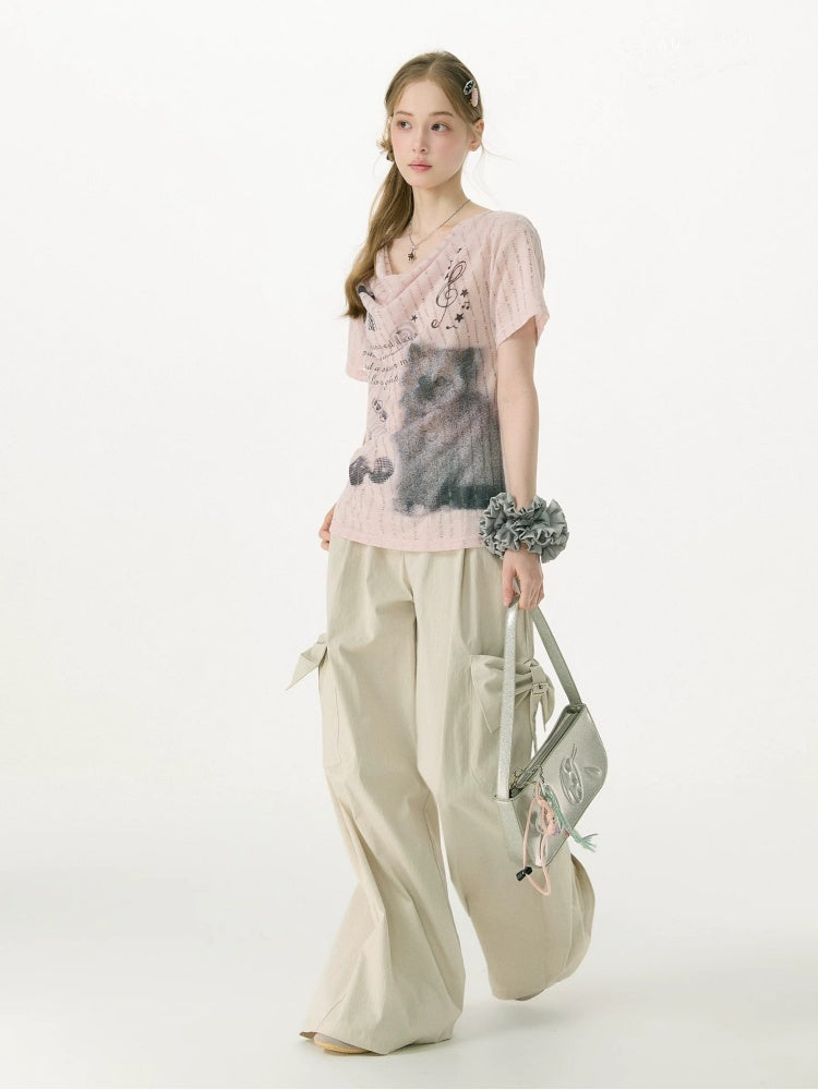 Cat Cherry Blossom Print Swing Collar Slim Peach Pink Short Sleeve T-Shirt【s0000017070】