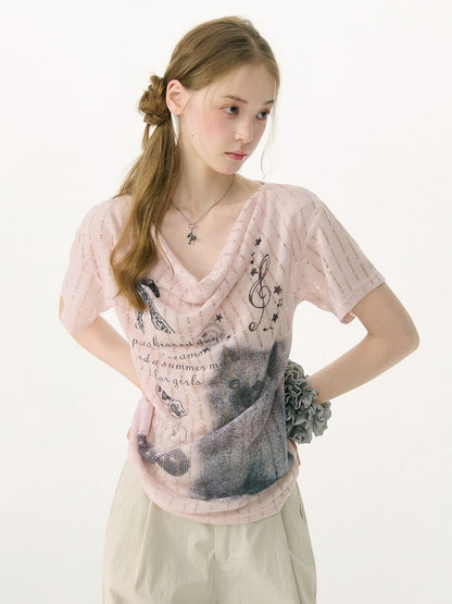 Cat Cherry Blossom Print Swing Collar Slim Peach Pink Short Sleeve T-Shirt【s0000017070】