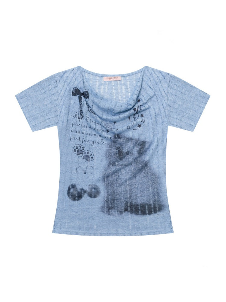 Cat Cherry Blossom Print Swing Collar Blue Short Sleeve T-Shirt【s0000017071】
