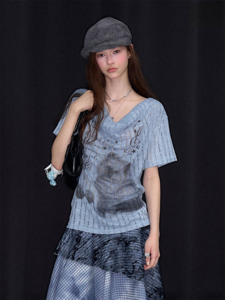 Cat Cherry Blossom Print Swing Collar Blue Short Sleeve T-Shirt【s0000017071】