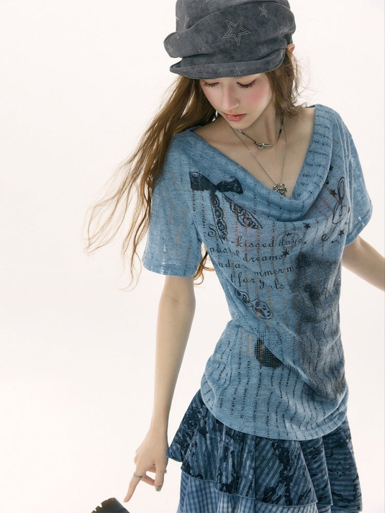 Cat Cherry Blossom Print Swing Collar Blue Short Sleeve T-Shirt【s0000017071】