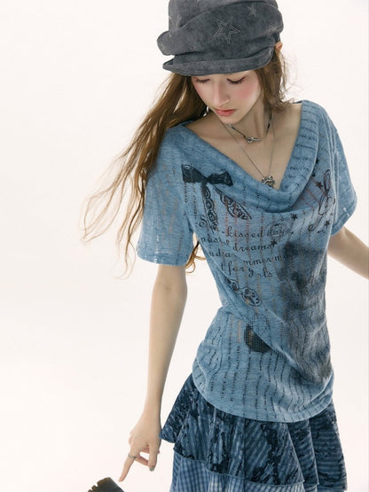 Cat Cherry Blossom Print Swing Collar Blue Short Sleeve T-Shirt【s0000017071】
