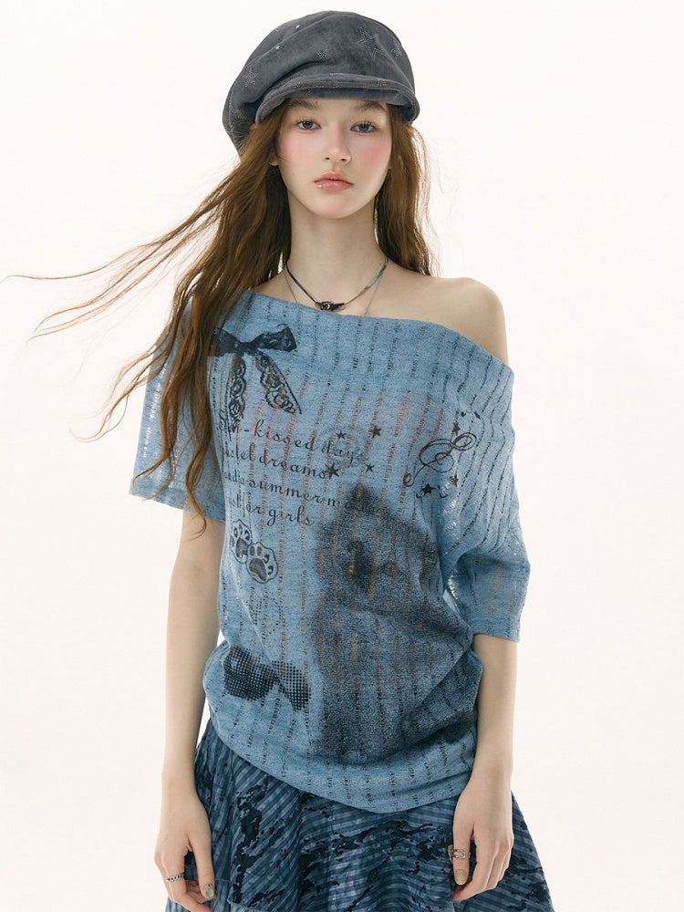 Cat Cherry Blossom Print Swing Collar Blue Short Sleeve T-Shirt【s0000017071】