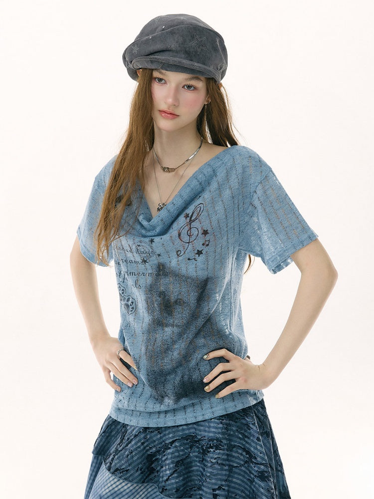 Cat Cherry Blossom Print Swing Collar Blue Short Sleeve T-Shirt【s0000017071】