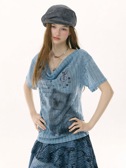 Cat Cherry Blossom Print Swing Collar Blue Short Sleeve T-Shirt【s0000017071】