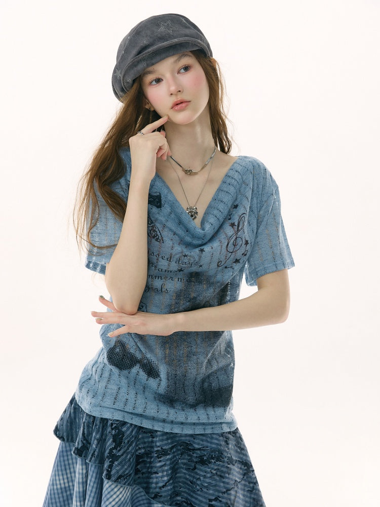 Cat Cherry Blossom Print Swing Collar Blue Short Sleeve T-Shirt【s0000017071】