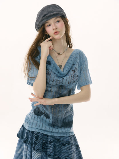 Cat Cherry Blossom Print Swing Collar Blue Short Sleeve T-Shirt【s0000017071】