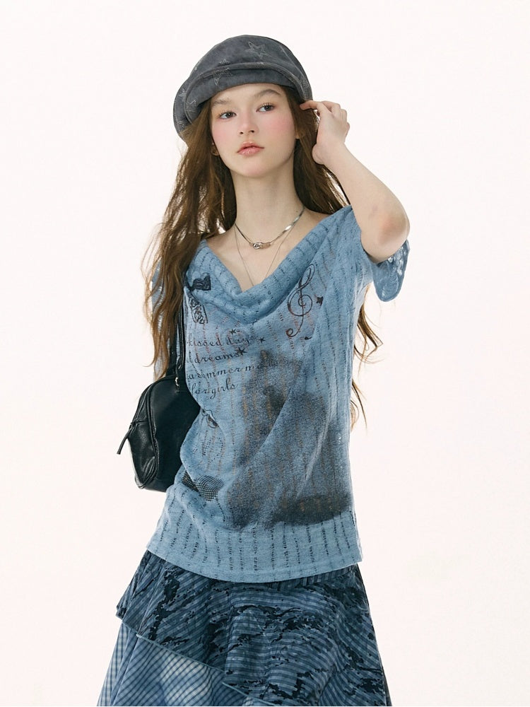 Cat Cherry Blossom Print Swing Collar Blue Short Sleeve T-Shirt【s0000017071】