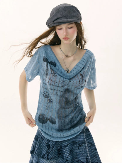 Cat Cherry Blossom Print Swing Collar Blue Short Sleeve T-Shirt【s0000017071】