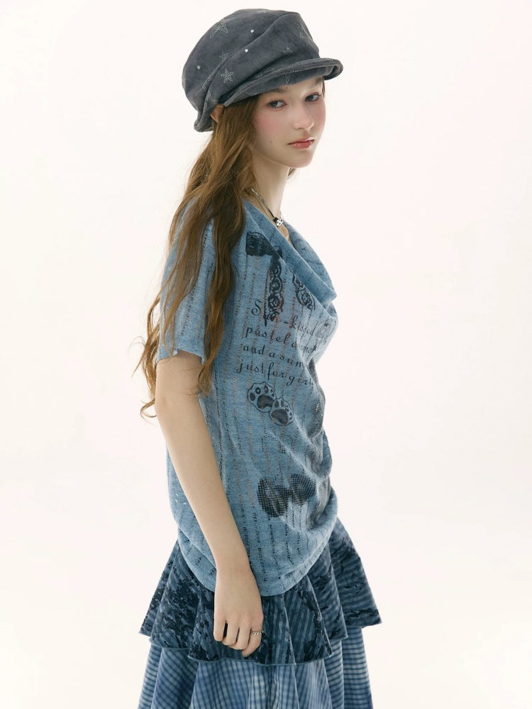 Cat Cherry Blossom Print Swing Collar Blue Short Sleeve T-Shirt【s0000017071】