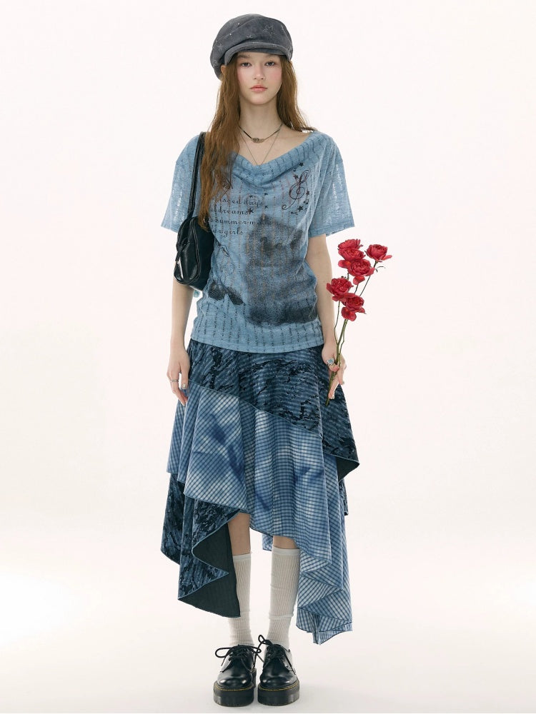 Cat Cherry Blossom Print Swing Collar Blue Short Sleeve T-Shirt【s0000017071】
