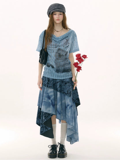 Cat Cherry Blossom Print Swing Collar Blue Short Sleeve T-Shirt【s0000017071】