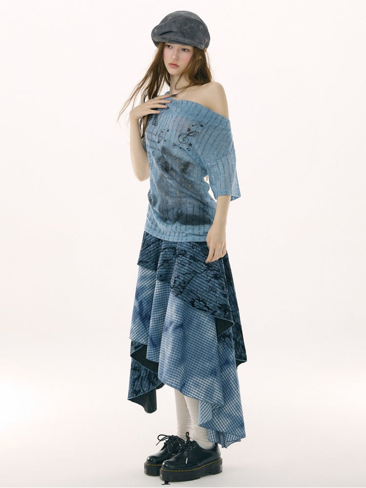 Cat Cherry Blossom Print Swing Collar Blue Short Sleeve T-Shirt【s0000017071】