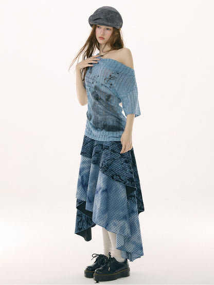 Cat Cherry Blossom Print Swing Collar Blue Short Sleeve T-Shirt【s0000017071】