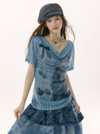 Cat Cherry Blossom Print Swing Collar Blue Short Sleeve T-Shirt【s0000017071】