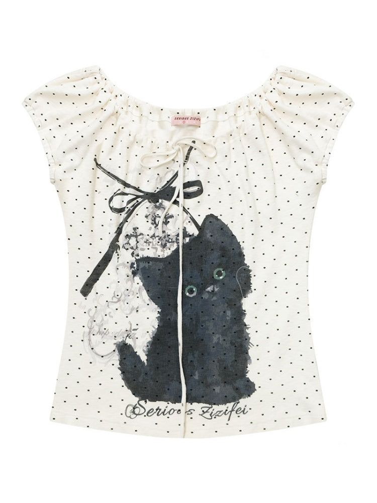 Cat Print Drawstring Puff Sleeve Polka Dot White T-Shirt【s0000017072】