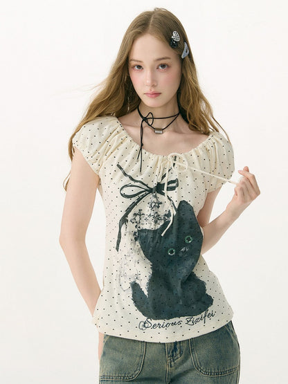 Cat Print Drawstring Puff Sleeve Polka Dot White T-Shirt【s0000017072】