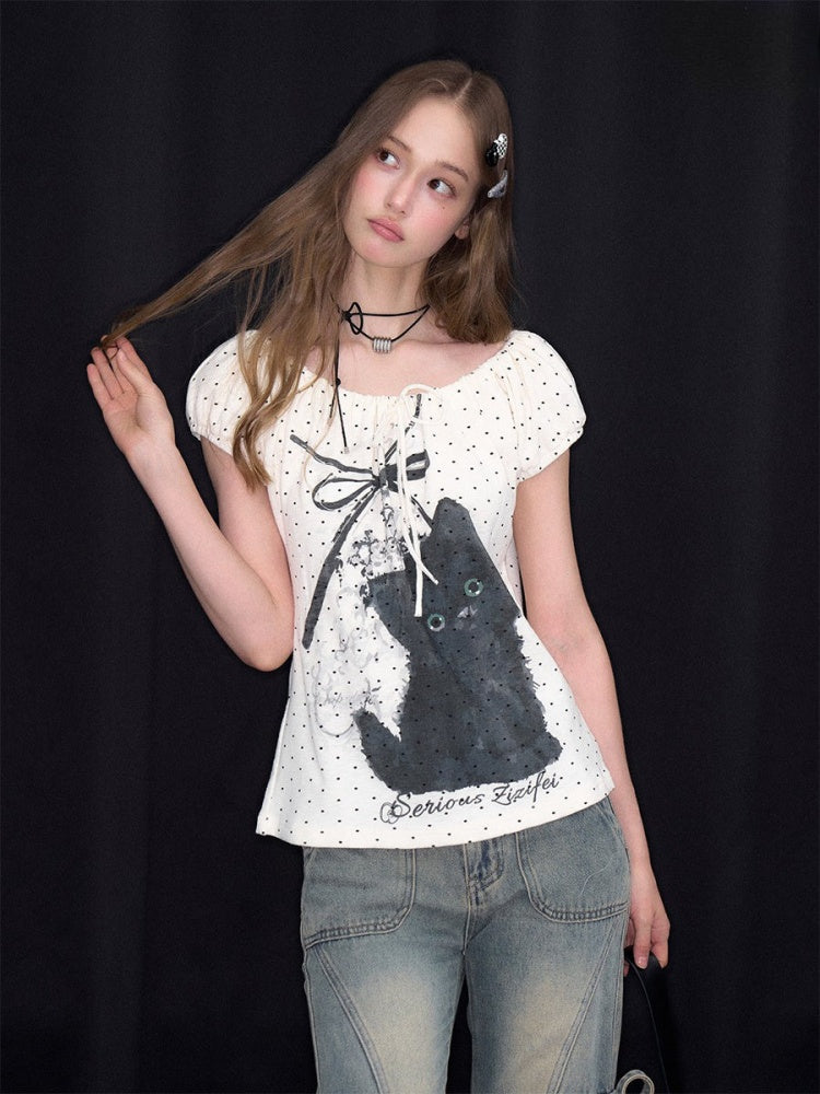 Cat Print Drawstring Puff Sleeve Polka Dot White T-Shirt【s0000017072】